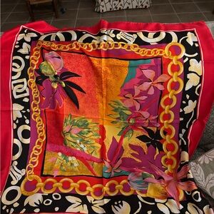 Celine silk  Floral & Chain Print Scarf - Red, Black, Orange, Pink